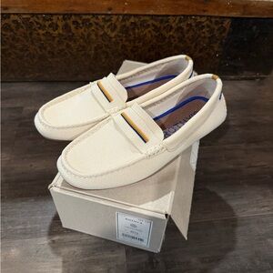Rothy's Cream Loafers with Blue and Yellow Details